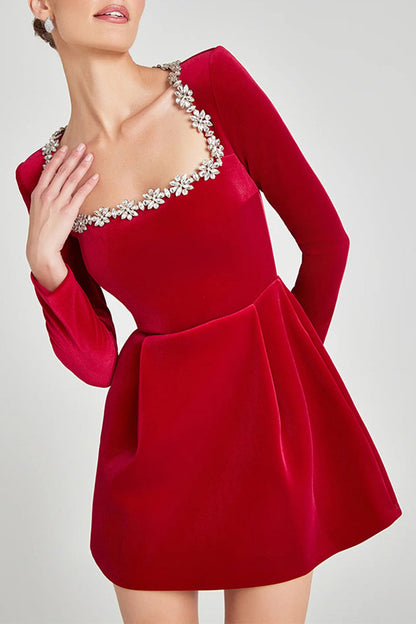 Elegant Solid Color Pocket Rhinestone Decor Square Neck A Line Dresses