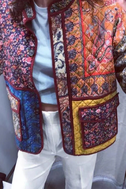 Vêtements d'extérieur décontractés à col mandarin contrasté avec patchwork de poches et fleurs