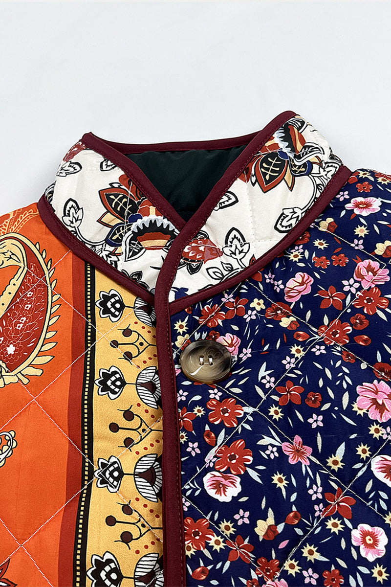 Vêtements d'extérieur décontractés à col mandarin contrasté avec patchwork de poches et fleurs