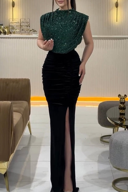 Sexy Ballkleid mit Pailletten, Schlitz und halbem Rollkragen (3 Farben)