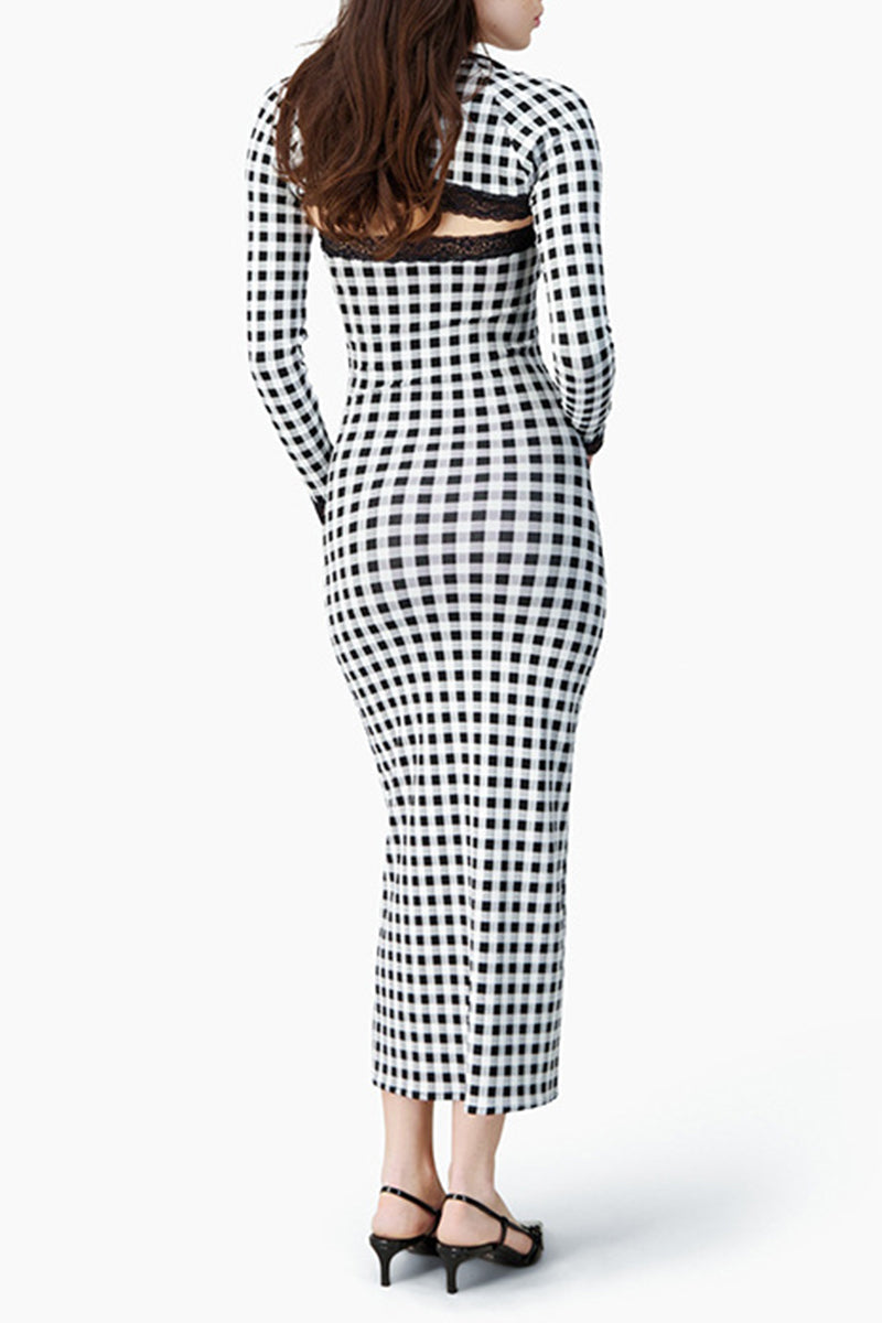 Sexy Plaid Contrast Strapless Long Sleeve Two Pieces