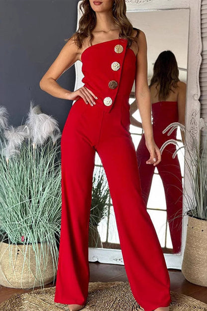 Sexy Buttons Irregular Strapless Regular Jumpsuits(6 Colors)