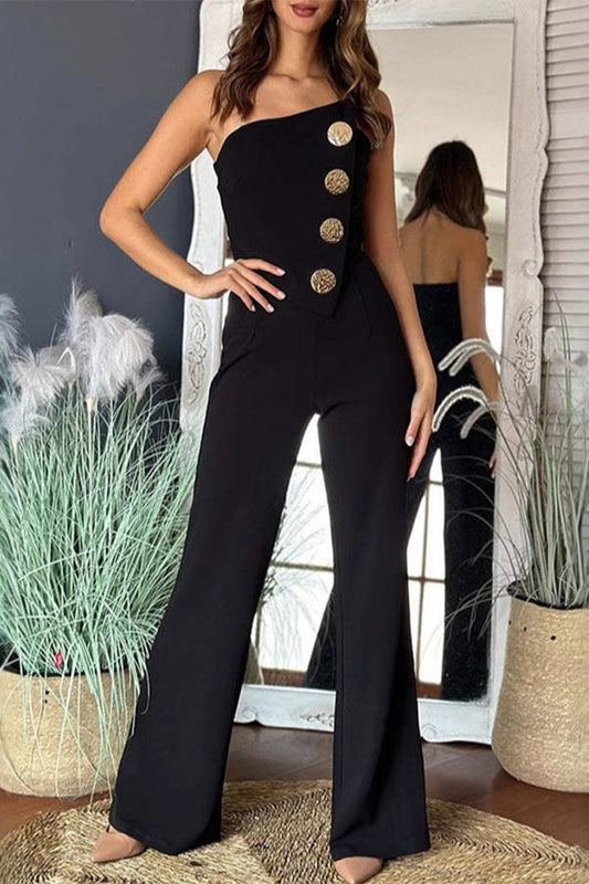 Sexy Buttons Irregular Strapless Regular Jumpsuits(6 Colors)