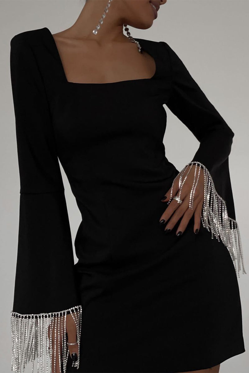 Sexy Solid Color Fringed Trim Patchwork Backless Square Neck Long Sleeve Dresses