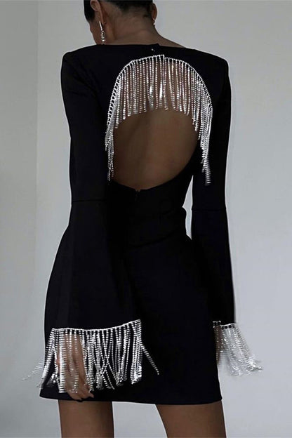 Sexy Solid Color Fringed Trim Patchwork Backless Square Neck Long Sleeve Dresses