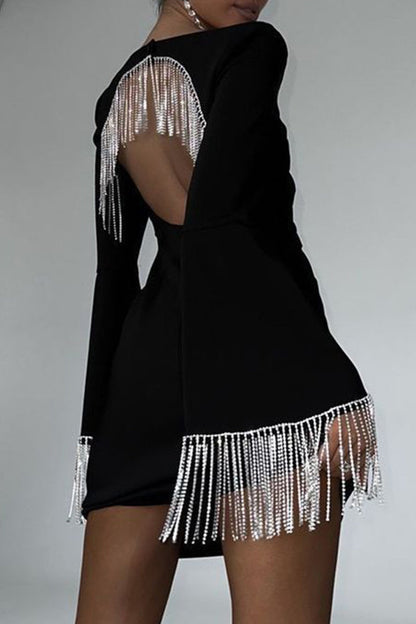 Sexy Solid Color Fringed Trim Patchwork Backless Square Neck Long Sleeve Dresses