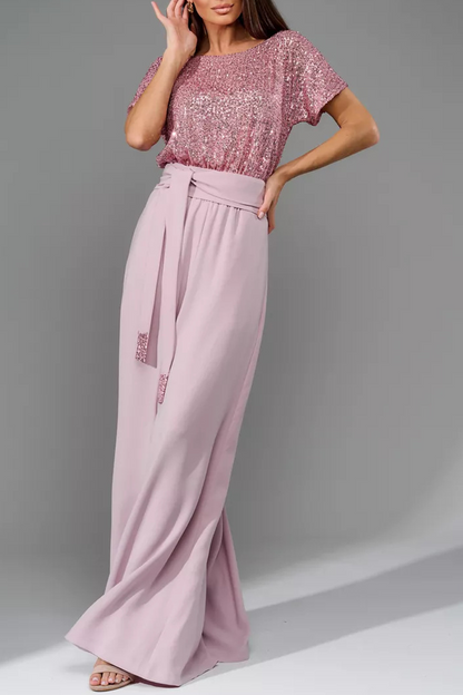 Daily Elegant Solid Color Sequins Strap Design O Neck Loose Jumpsuits