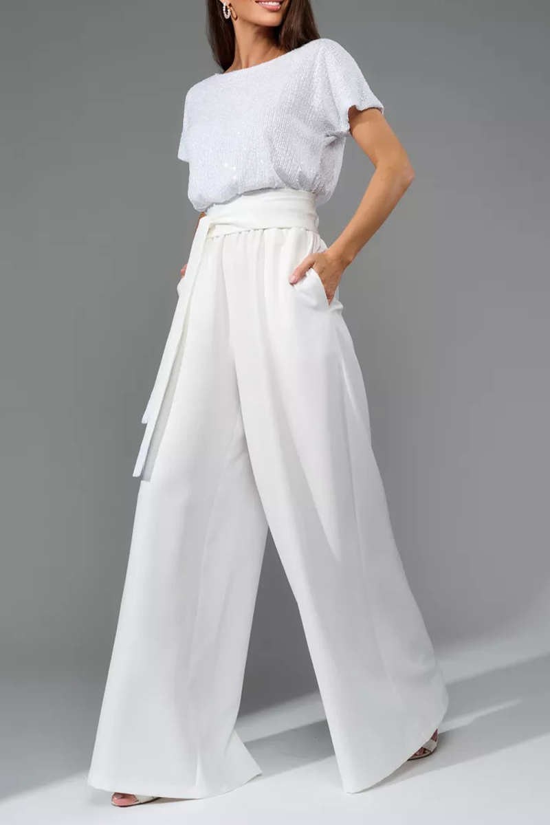 Daily Elegant Solid Color Sequins Strap Design O Neck Loose Jumpsuits