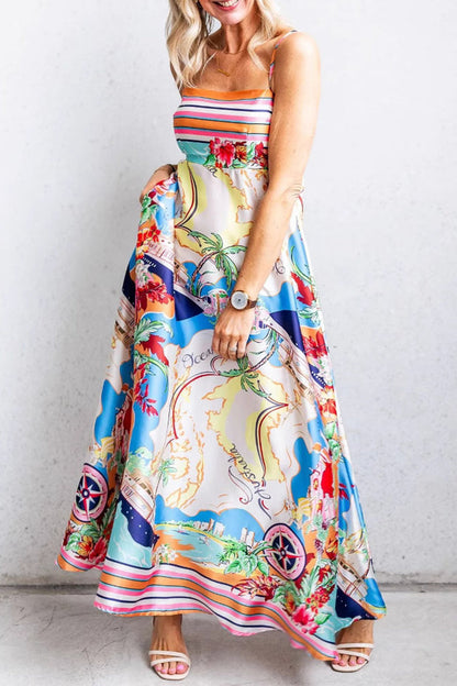 Sexy Vacation Floral Print Pocket Square Neck Sling Dresses