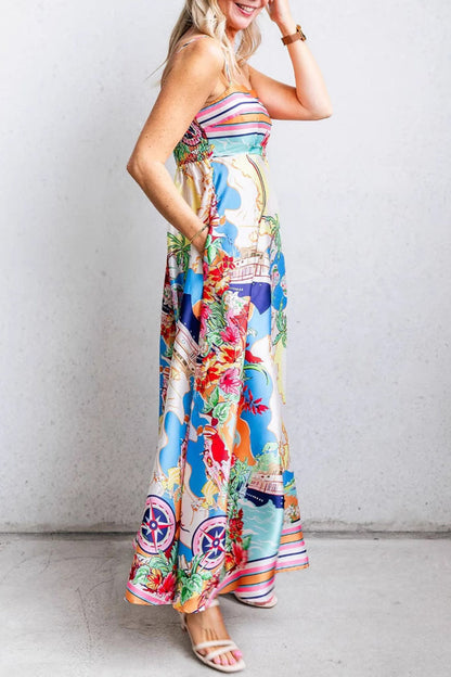 Sexy Vacation Floral Print Pocket Square Neck Sling Dresses