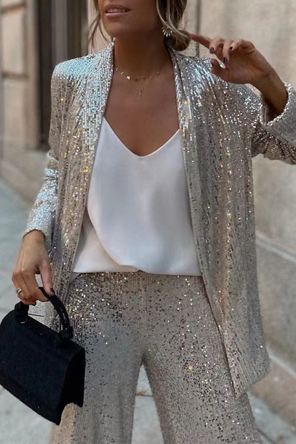 Casual Street Sequins Sequined Cardigan Collar Long Sleeve Two Pieces(3 Colors)