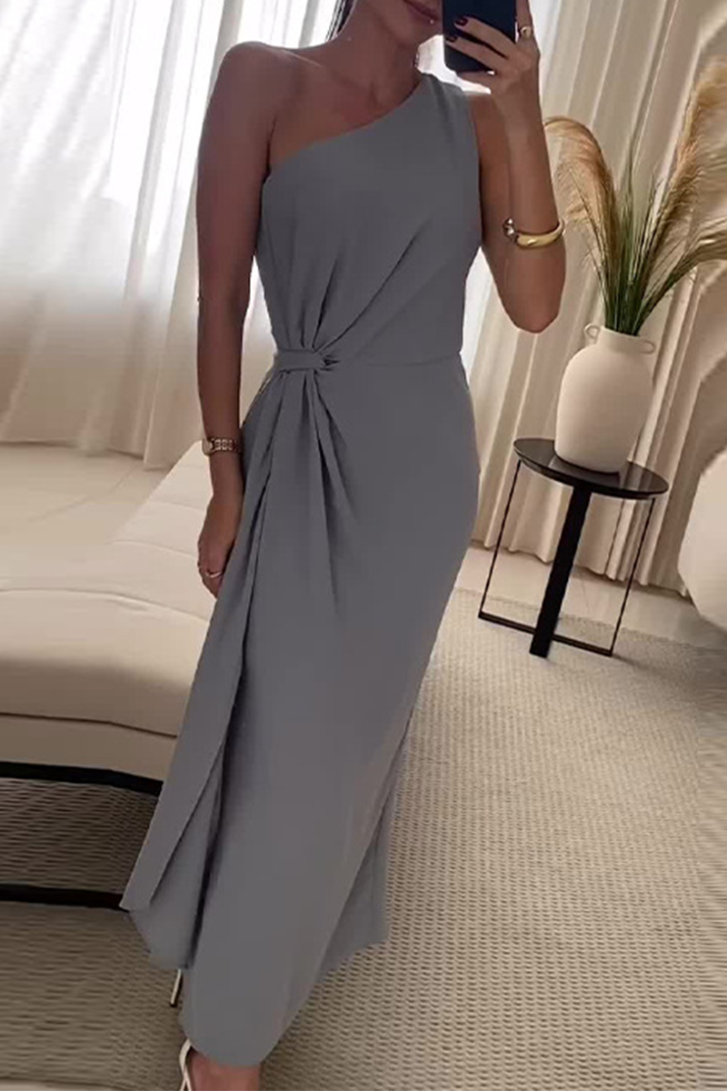 Sexy Ruched Irregular Sloping Shoulder Long Dresses