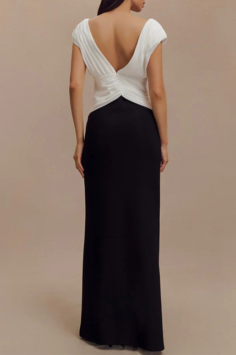 Sexy Backless Ruched Contrast V Neck Long Dresses