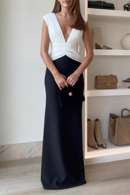 Sexy Backless Ruched Contrast V Neck Long Dresses