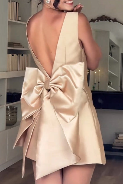 Sexy Party Solid Color Backless Bow Decor Square Neck Sleeveless Dresses