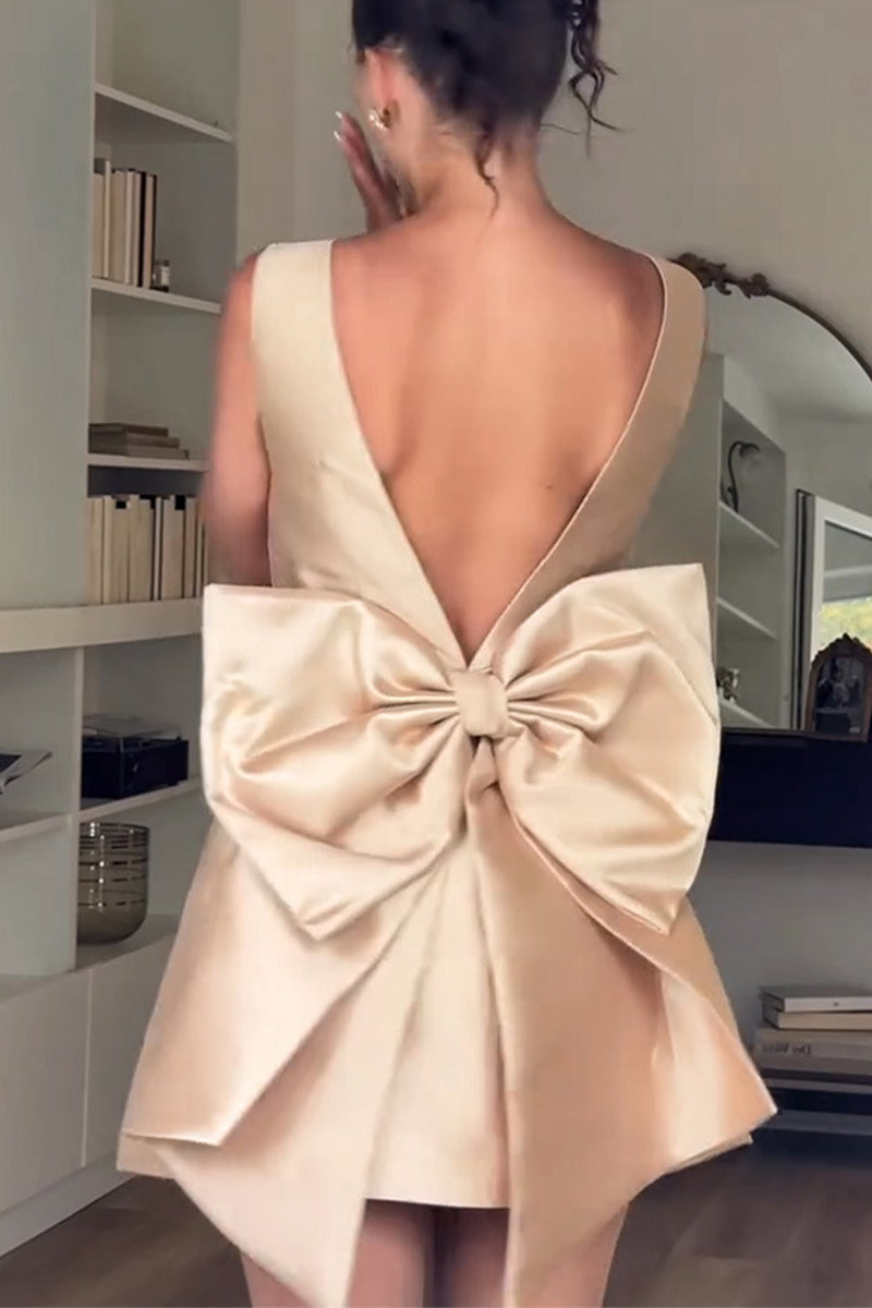 Sexy Party Solid Color Backless Bow Decor Square Neck Sleeveless Dresses