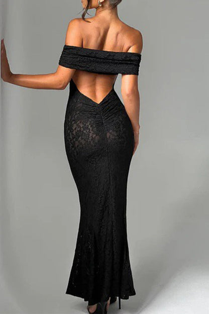 Sexy Solid Color Lace Backless Fishtail Off Shoulder Long Dresses