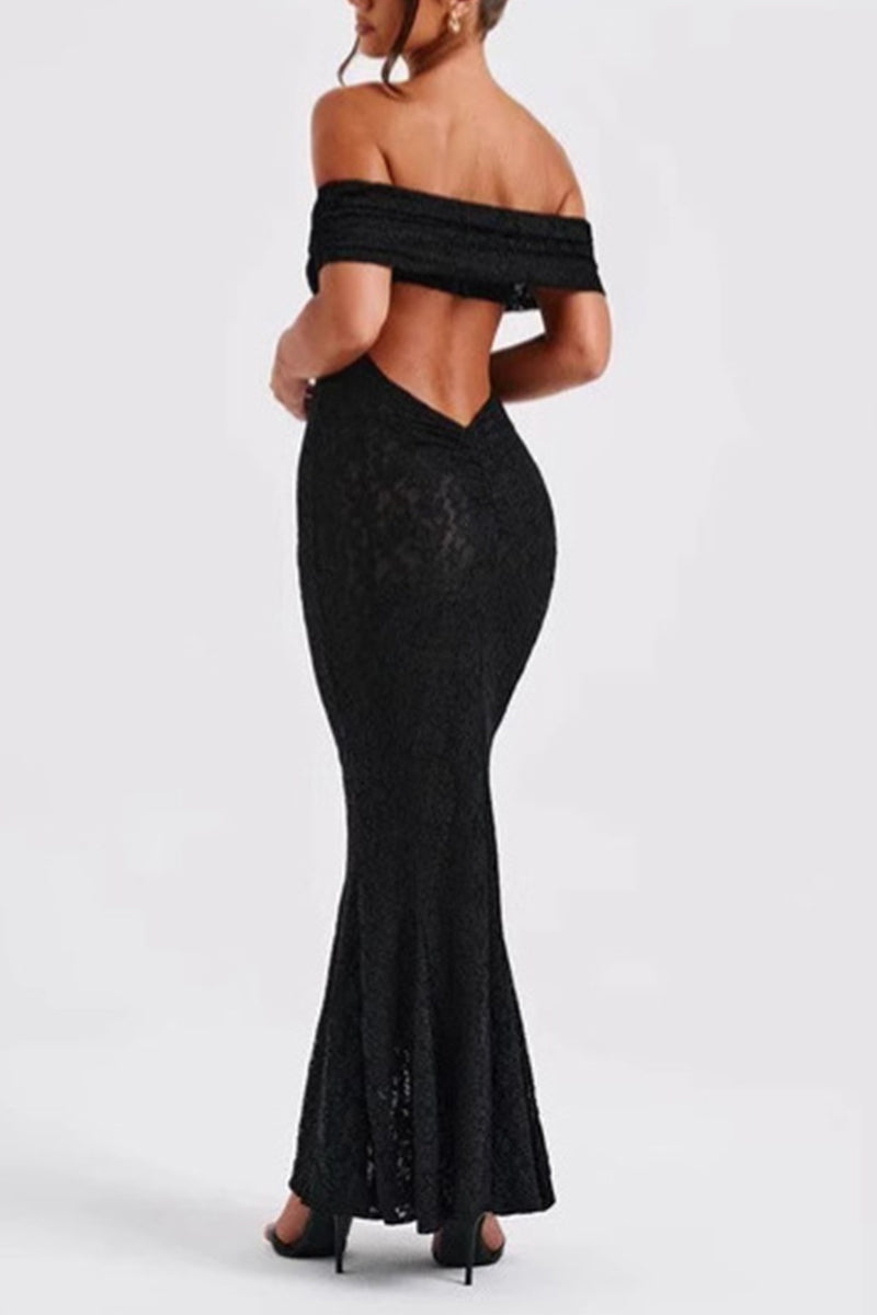 Sexy Solid Color Lace Backless Fishtail Off Shoulder Long Dresses