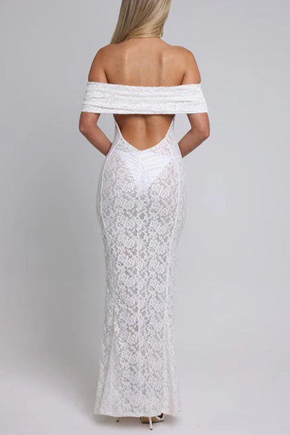 Sexy Solid Color Lace Backless Fishtail Off Shoulder Long Dresses