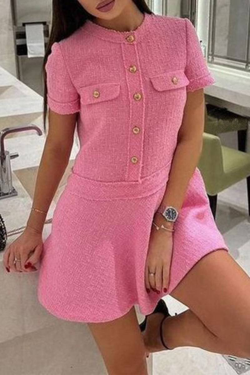 Elegant Buttons Patchwork O Neck A Line Short Sleeve Dress