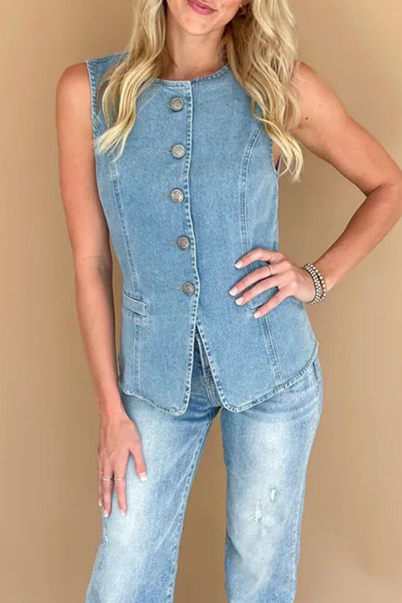 Casual Daily Buttons O Neck Sleeveless Regular Denim Jacket