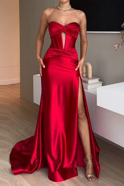 Sexy Prom Slit Ruched Strapless Evening Dresses