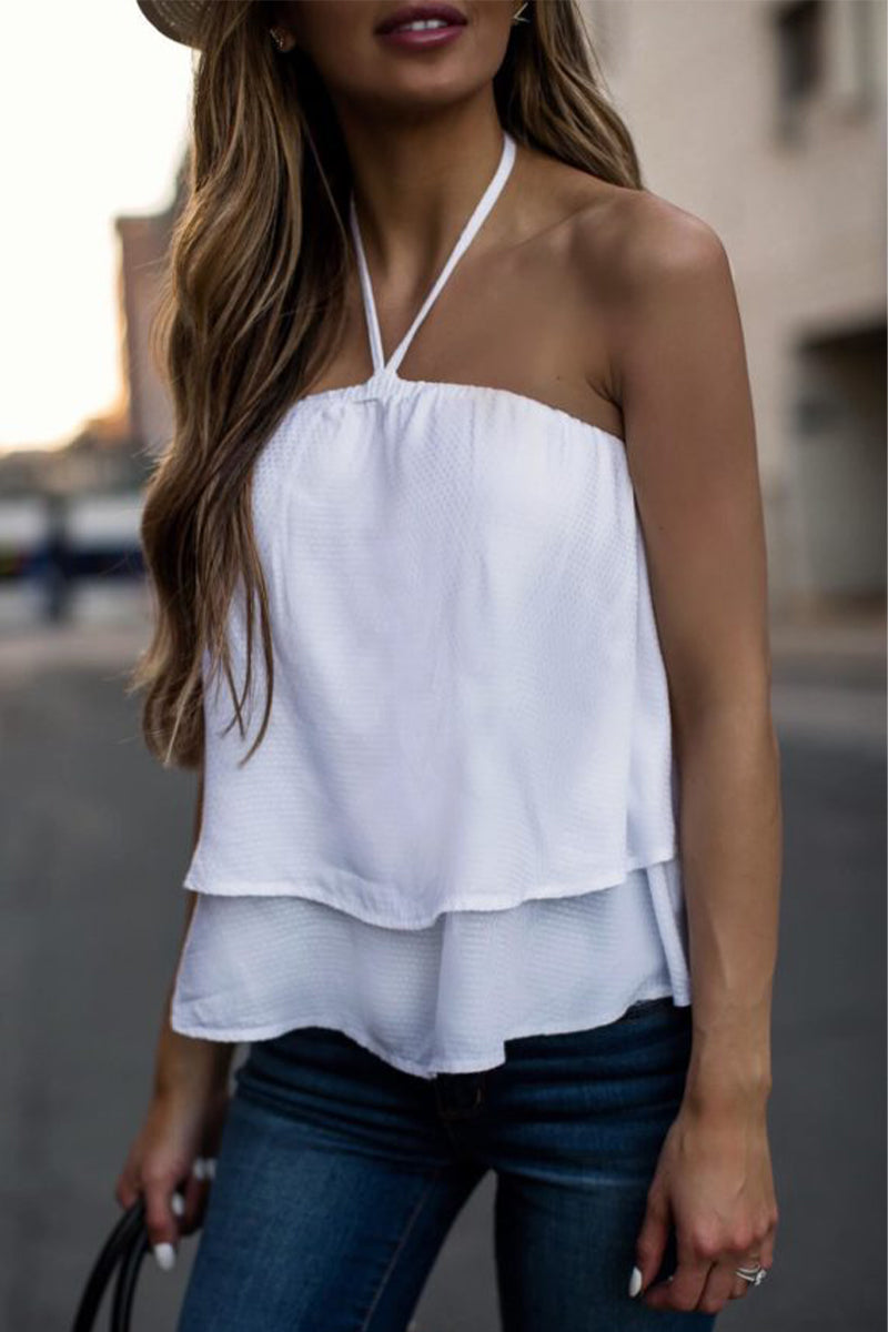 Sexy Solid Color Lace Up Halter Tops