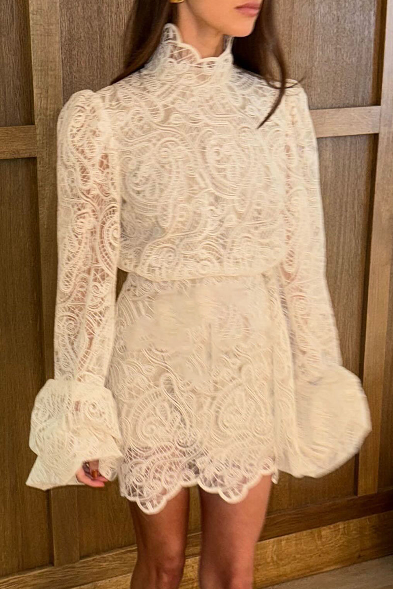 Elegant Solid Color Lace Half A Turtleneck Long Sleeve Two Pieces