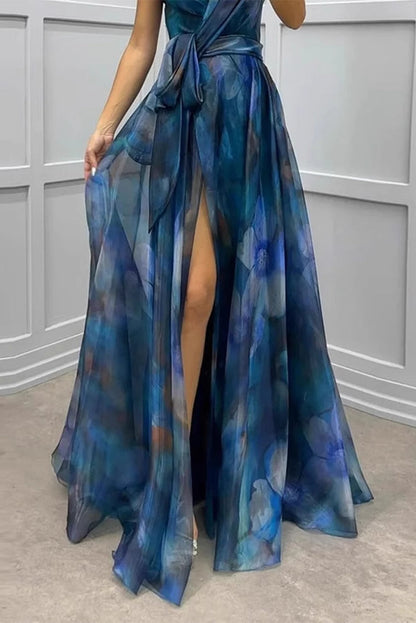 Sexy Prom Floral Print Lace Up Slit Contrast Strapless Evening Dresses