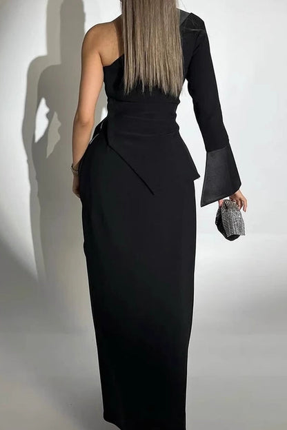 Elegant Solid Color Buttons Slit Irregular Sloping Shoulder Long Sleeve Two Pieces