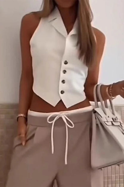 Casual Solid Color Lace Up Buttons Turndown Collar Sleeveless Two Pieces