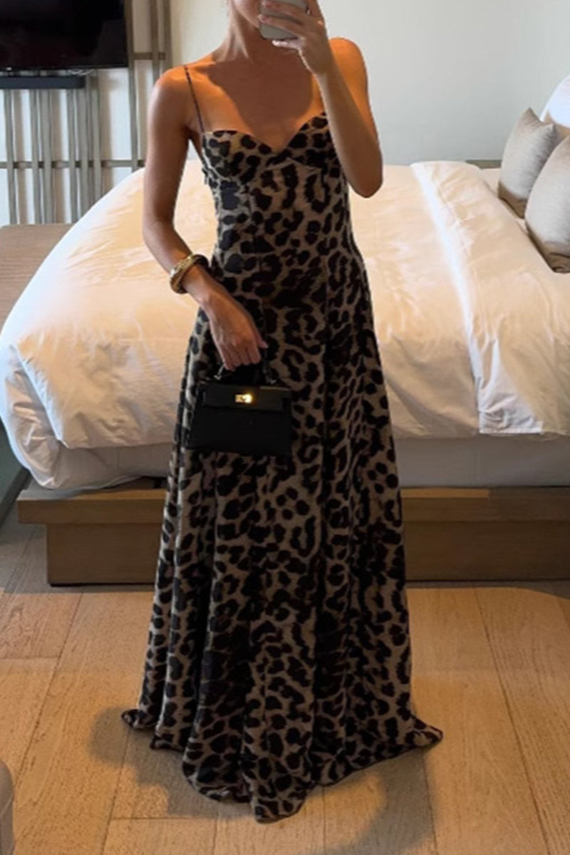 Sexy Leopard V Neck Long Dresses