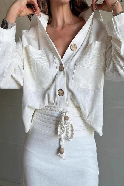 Casual Solid Color Lace Up Buttons Turndown Collar Long Sleeve Two Pieces