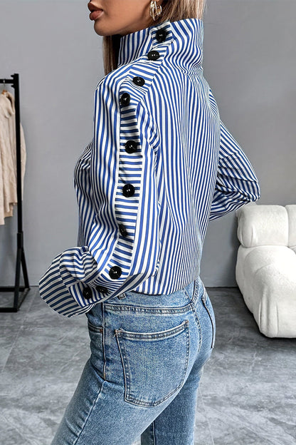 Casual Stripe Buttons Turtleneck Blouses