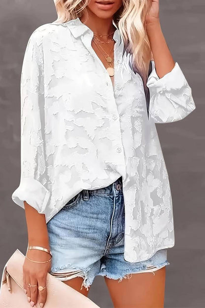 Casual Solid Color Jacquard Patchwork Turndown Collar Plus Size Tops