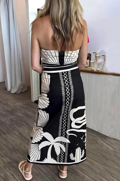 Sexy Geometric Print Irregular Contrast Strapless Printed Dresses