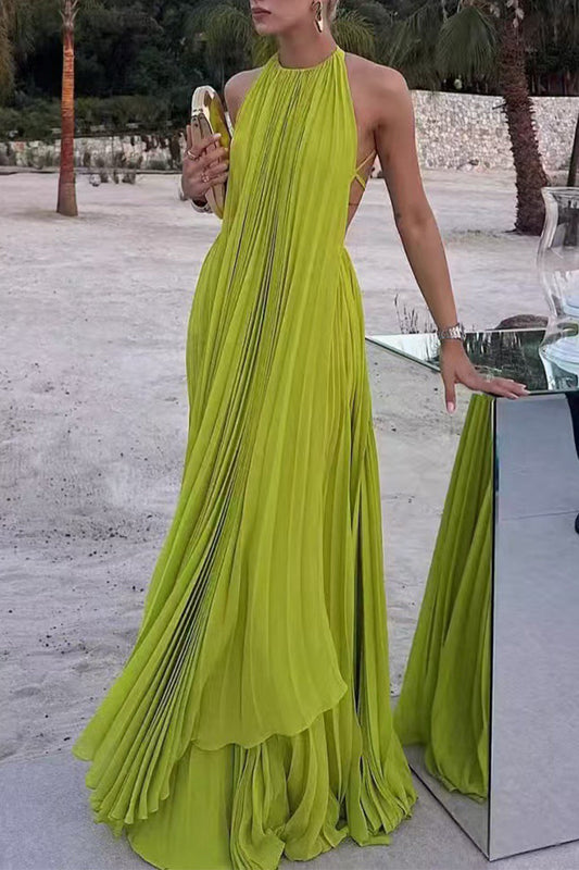 Sexy Backless Slit Pleated Halter Sleeveless Two Pieces