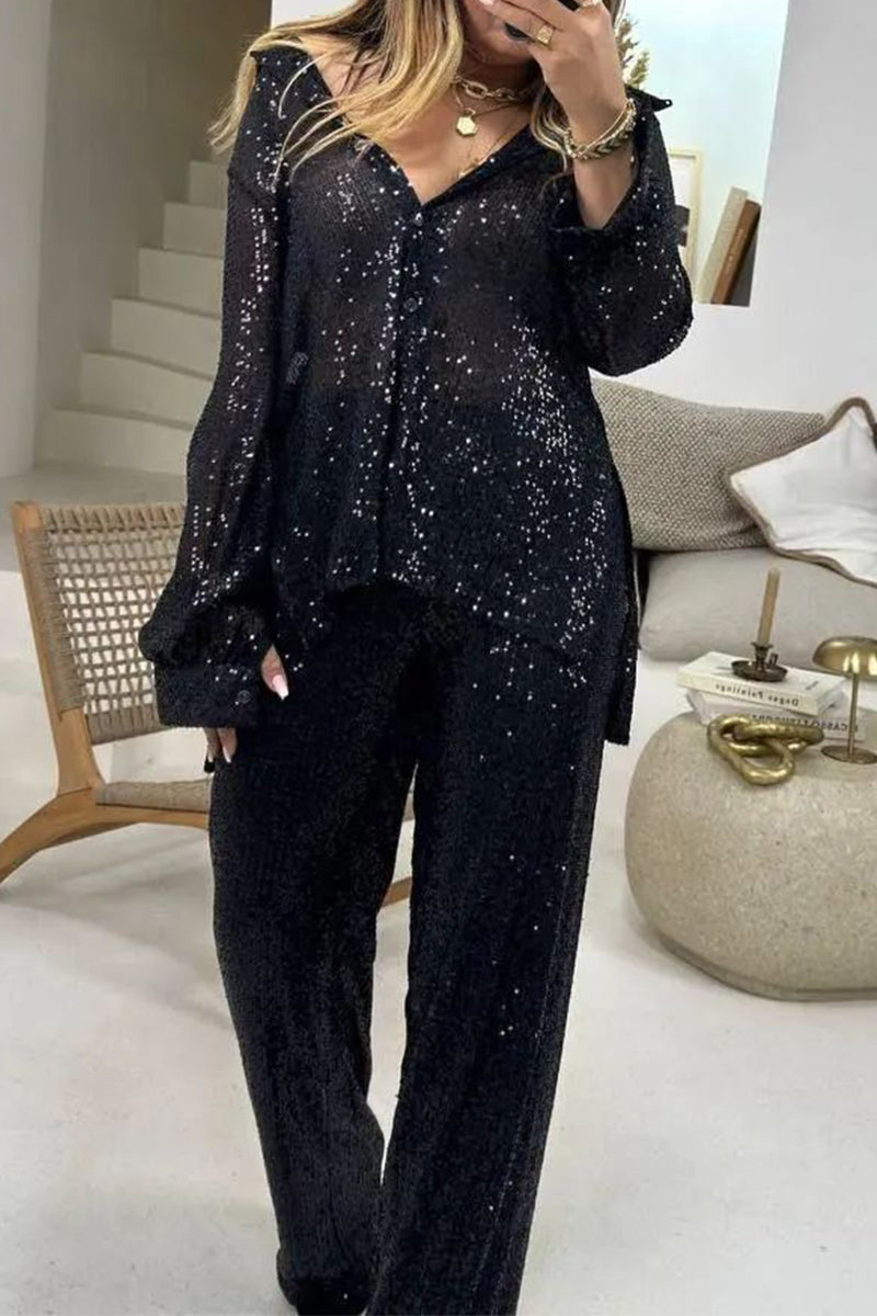 Casual Sequins Sequined Turndown Collar Long Sleeve Two Pieces