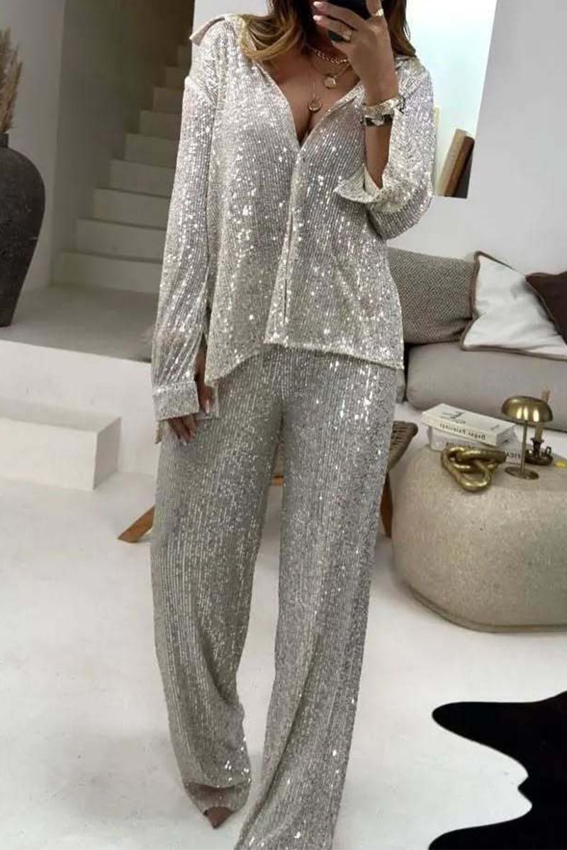 Casual Sequins Sequined Turndown Collar Long Sleeve Two Pieces