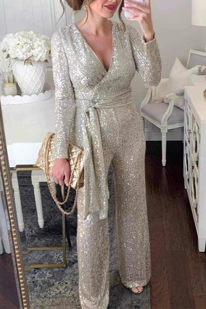 Casual Sequins Lace Up Sequined V Neck Regular Jumpsuits