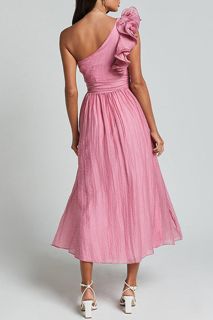 Sexy Solid Color Ruffle Ruched Sloping Shoulder Sleeveless Dresses