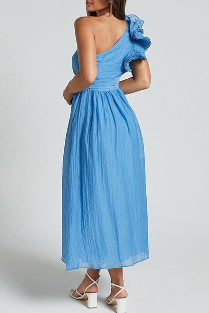 Sexy Solid Color Ruffle Ruched Sloping Shoulder Sleeveless Dresses