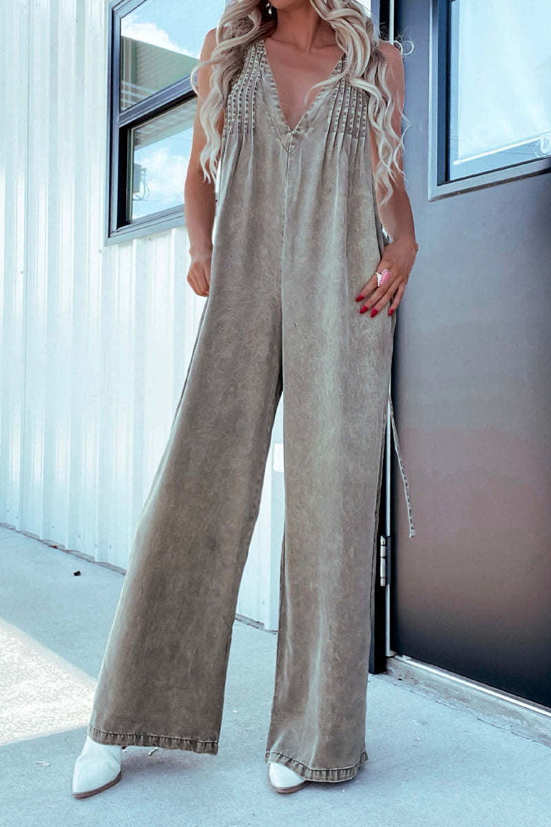 Casual Solid Color Distressed Pocket Adjustable V Neck Loose Jumpsuits