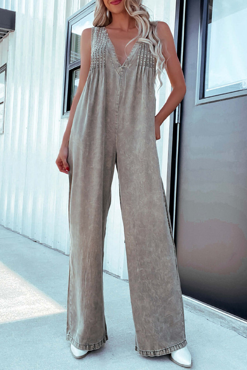 Casual Solid Color Distressed Pocket Adjustable V Neck Loose Jumpsuits