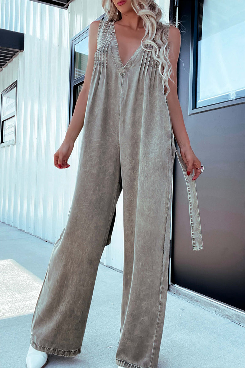 Casual Solid Color Distressed Pocket Adjustable V Neck Loose Jumpsuits