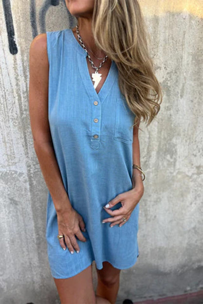 Casual Solid Color Pocket Buttons V Neck Sleeveless Dresses