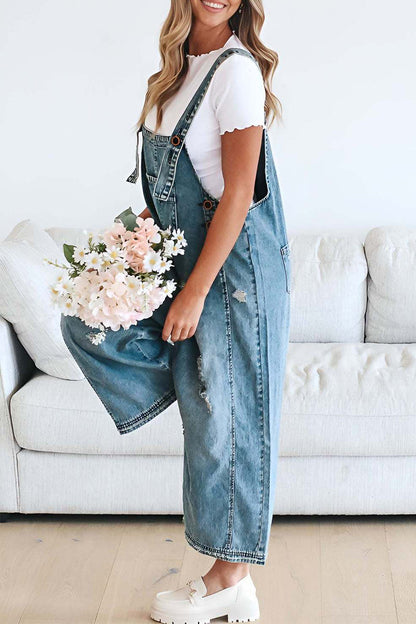 Casual Solid Color Distressed Buttons Square Neck Sleeveless Loose Denim Jumpsuits