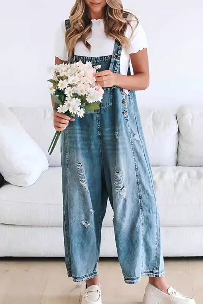 Casual Solid Color Distressed Buttons Square Neck Sleeveless Loose Denim Jumpsuits