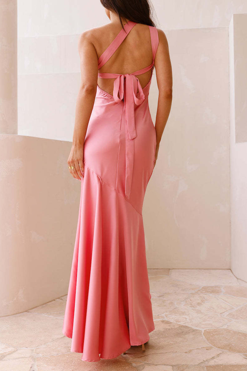 Elegant Ruffle Sloping Shoulder Long Dresses