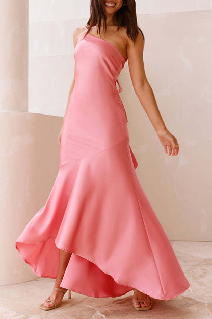 Elegant Ruffle Sloping Shoulder Long Dresses